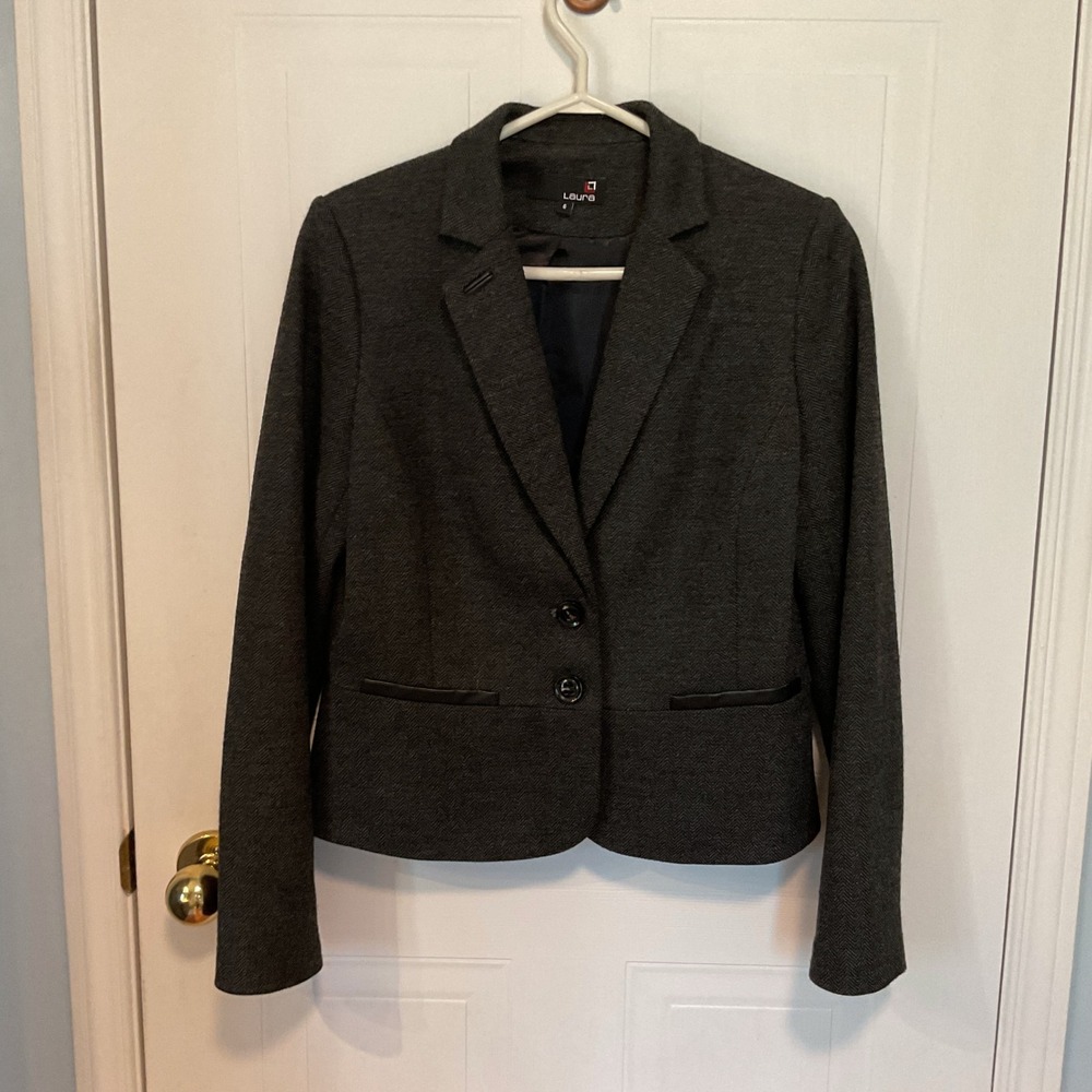 Laura Blazer Jacket Women 6 Charcoal Grey Excellent Wool Blend Herringbone 9002